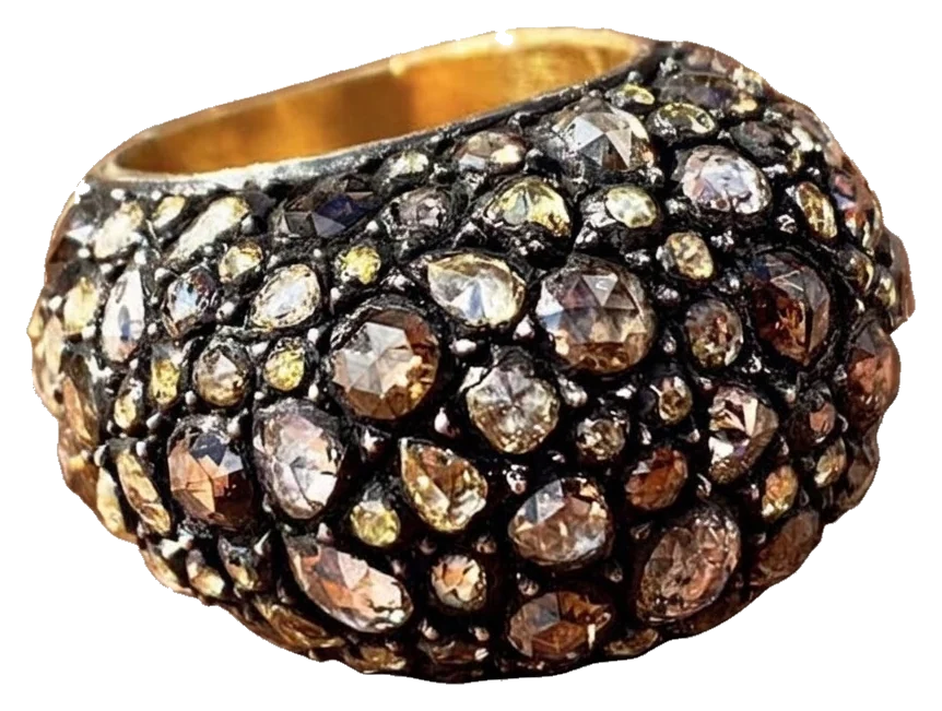 Roxanne colored rose-cut diamond ring in oxidized Gilver and 24K gold