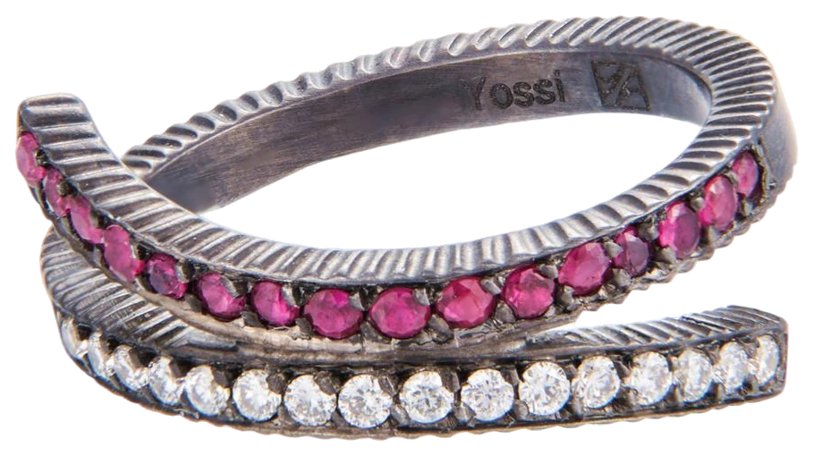 Crisscross ring in oxidized Gilver and 24K gold set with rubies and white diamonds