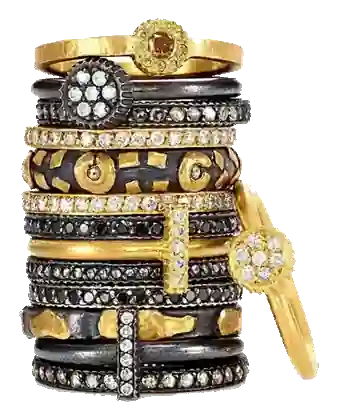 Yossi Harari stacked 24K gold and blackened-gold diamond rings